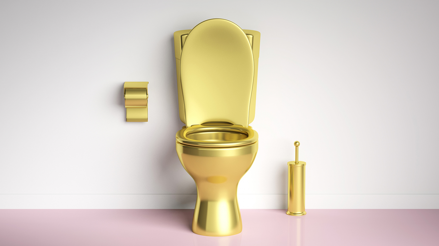 Luxury toilets. Golden toilet bowl and accesories on pink floor, white wall background, copy space. 3d illustration